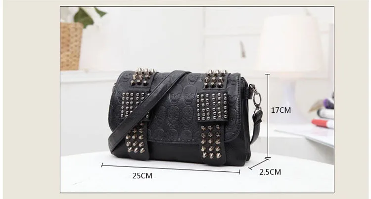 Bag Female Leather Handbags Rivet Black Skull PU Shoulder Bag Ladies Purse