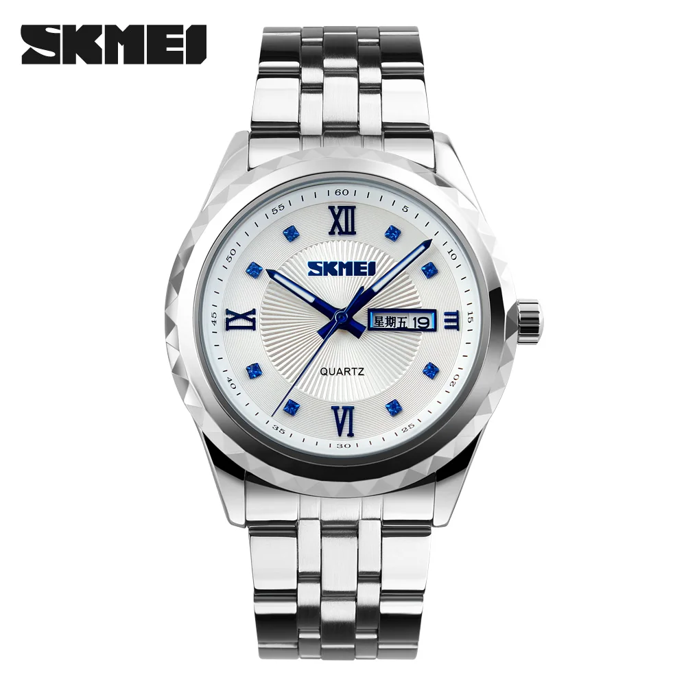 Skmei 9100 Brand Luxury Men Wrist Watches Business Date Week Clock Quartz Waterproof Elegant Diamond Stainless Steel Hand Watch