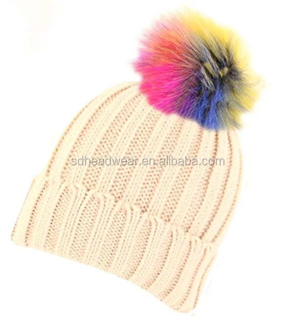 Womens chunky White Multi Cable Knit Beanie Hat with Brown Faux Fur Pompom