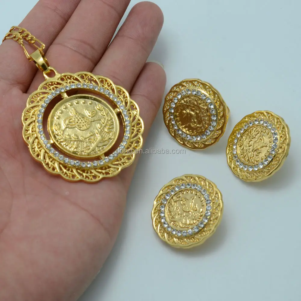Coin Jewelry sets Gold Plated Coins Pendant Chain Earrings Ring Turkey Jewelry
