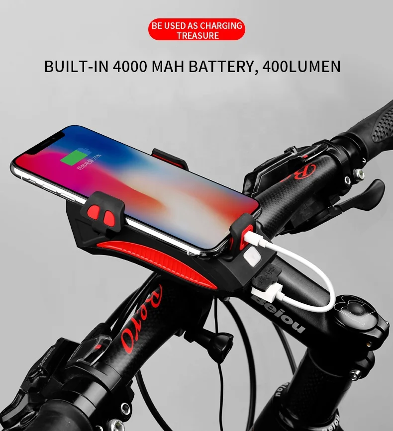 WHEEL UP Rechargeable 130DB Power Bank Bike Phone Holder Light Bicycle Headlight Warning Horn Lamp