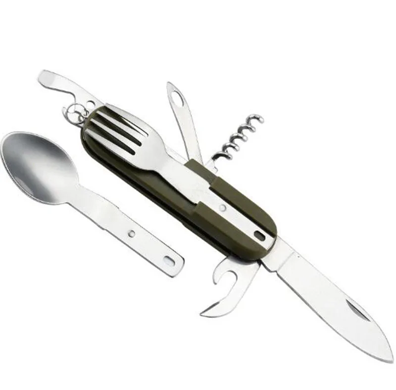Outdoor multifunction foldable spoon fork blade can bottle opener camping picnic cutlery custom logo