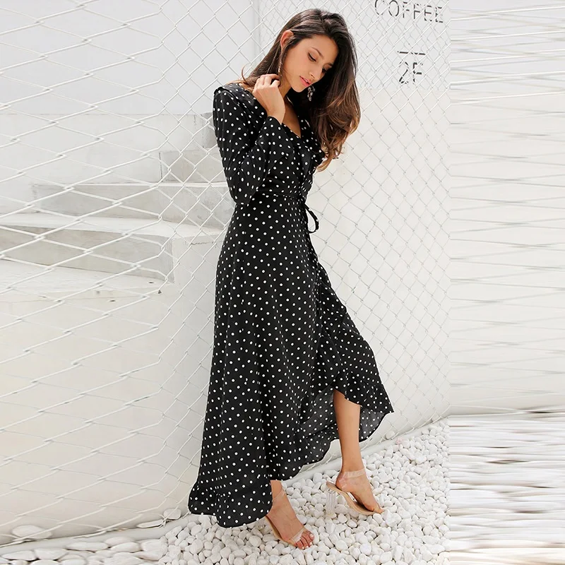 Womens Summer Boho Casual Dress Vintage Long Sleeve Polka Dot Ruffle V Neck Split Maxi Dress