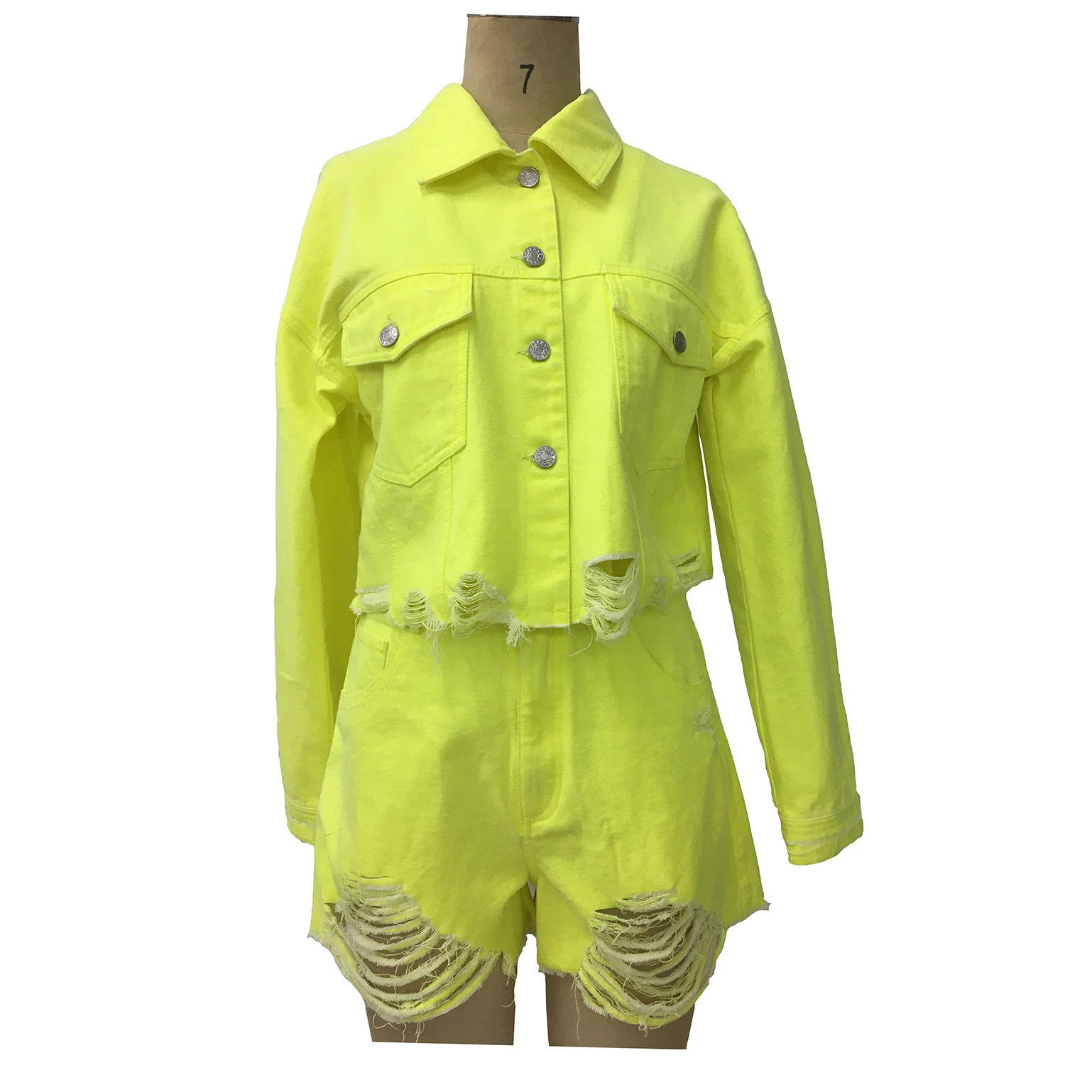 Fashion Custom Chinese Clothing Manufacturers Hole Design Yellow Denim Jacket