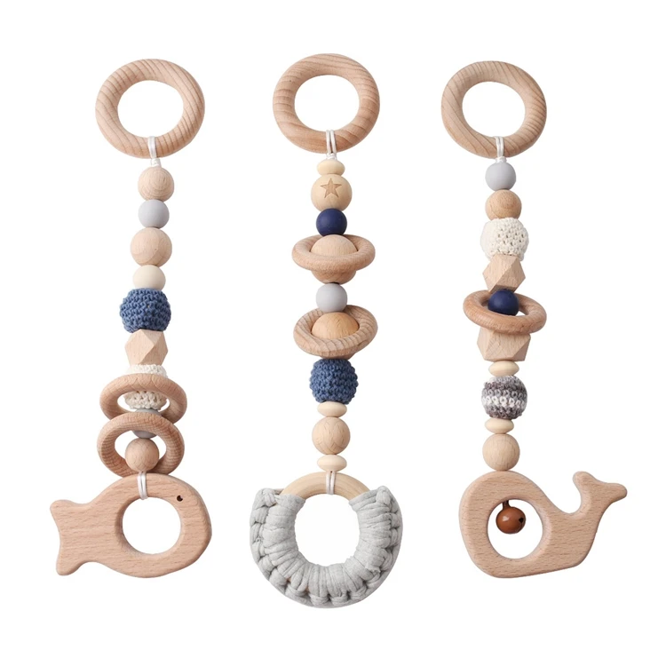 Organic Wooden Whale Fish Ring Silicone Crochet Beads Play Gym Hanging Toys Baby Teether