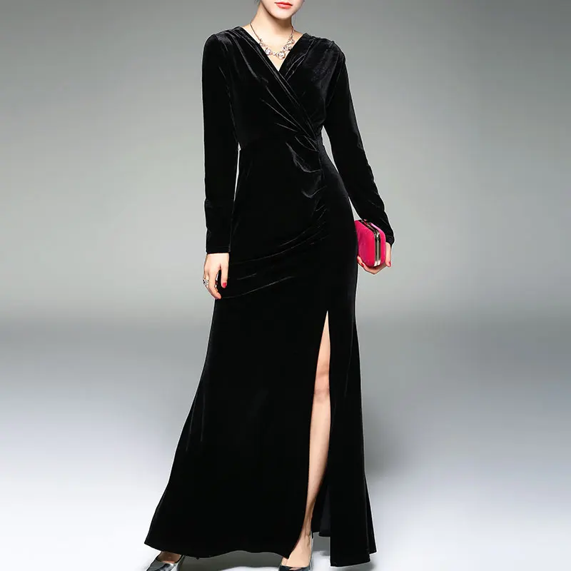 
Maxnegio Factory Price Blue ladies Velvet Dress Long Sleeve Maxi Evening Dress 