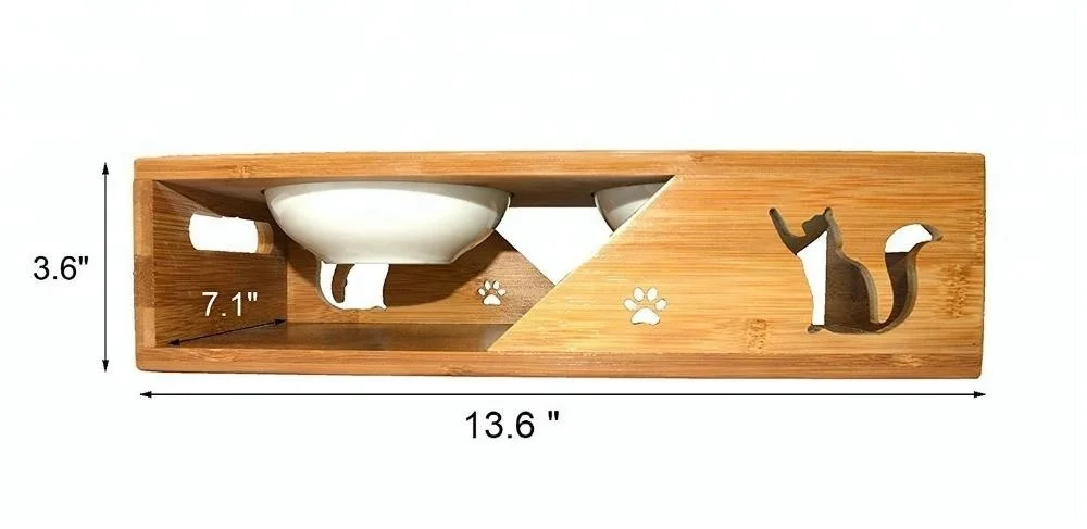 
Bamboo Stand Raised Pet Feeder for Cat Dog Elevated Dog Cat Bowl 