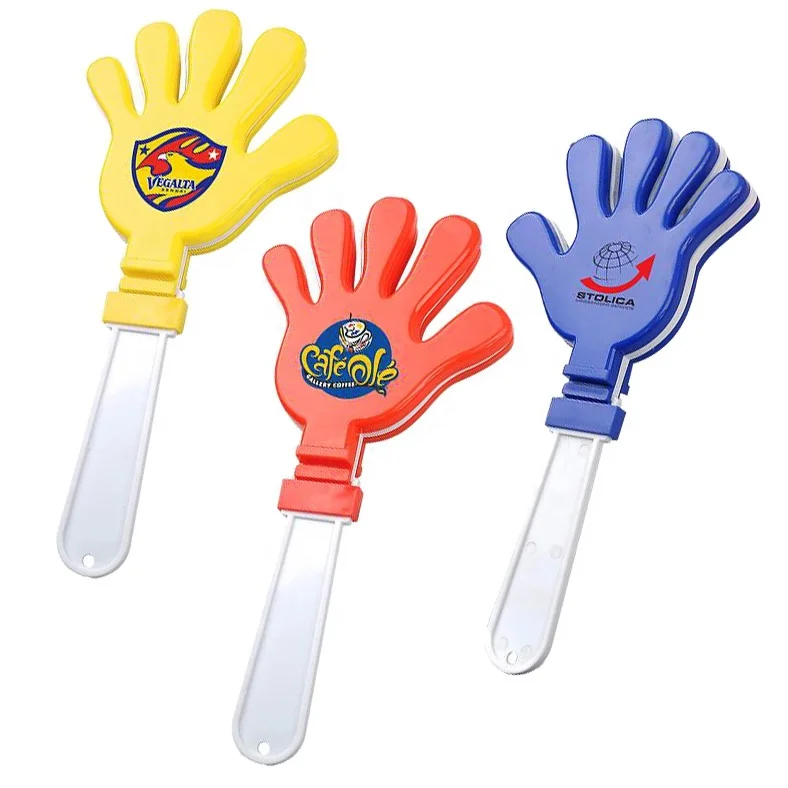 Kids popular gift white handle top advertising logo printed three finger splay shaped shaking cheering clapper noise maker toy