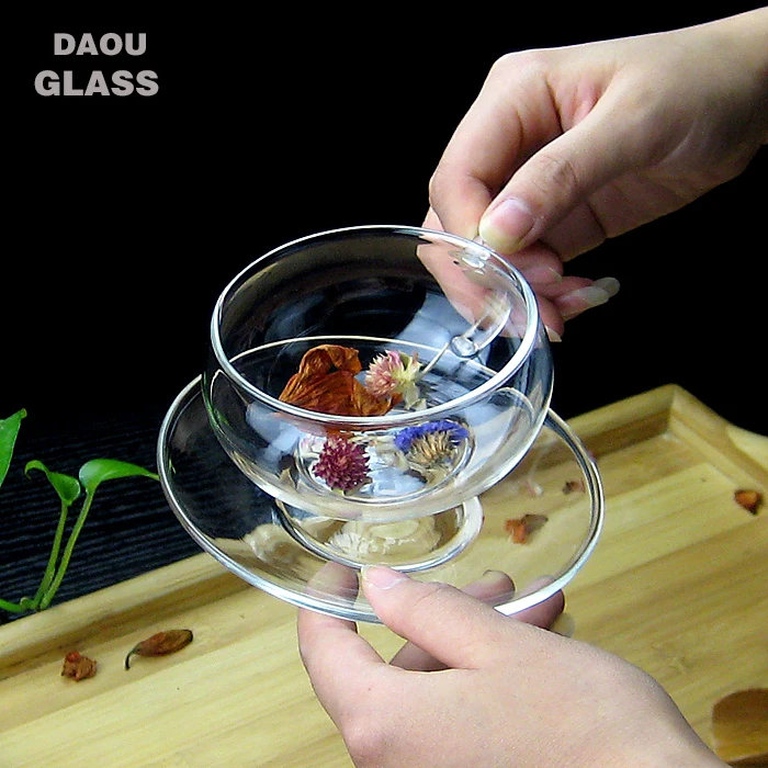 
heat resistant pyrex glass tea cups & saucers ,logo coffee cups set 