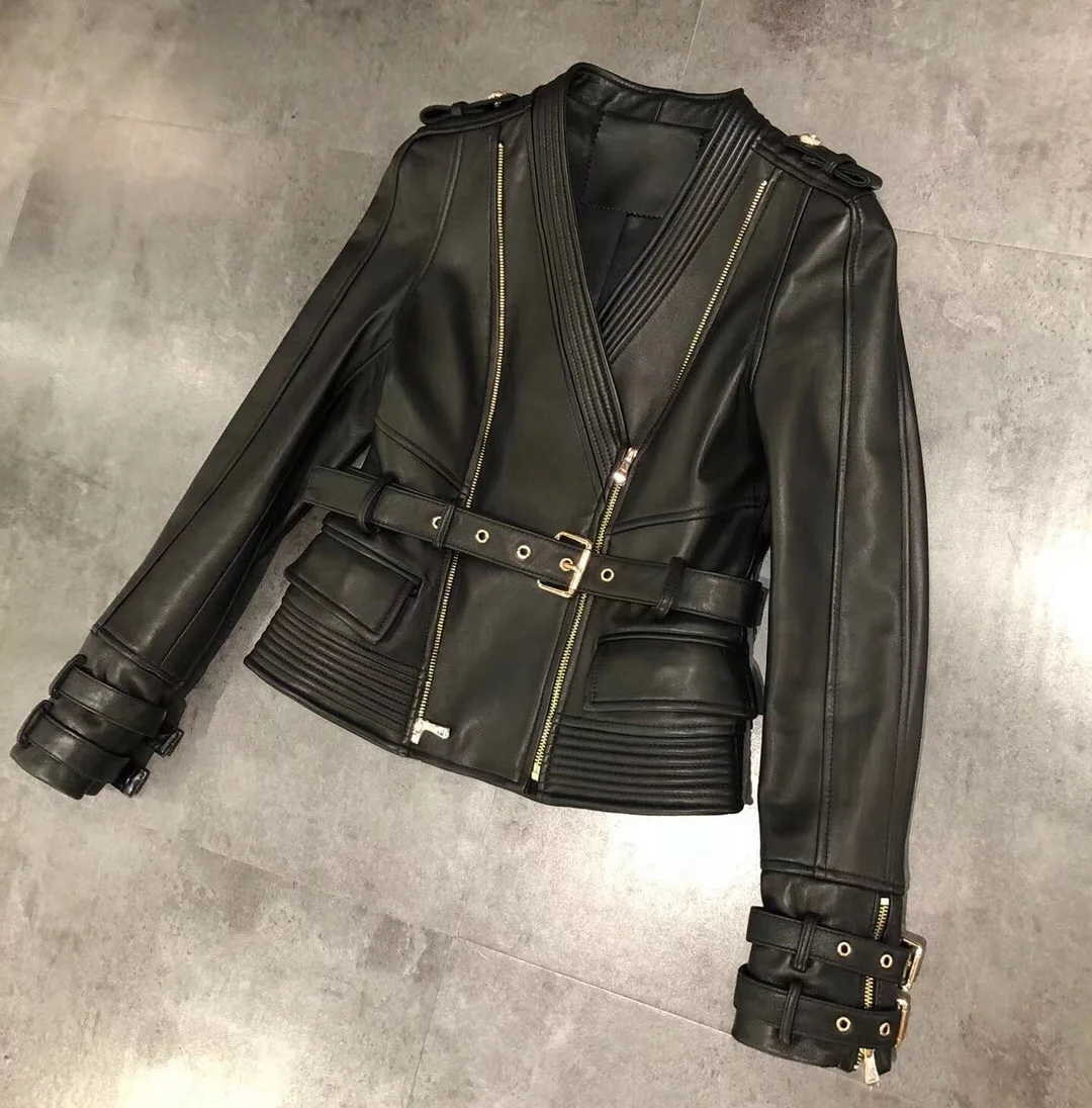 Fashion Long Sleeve V Collar Zip Up Coat Slim Fit Women Moto Jackets 2021 Short Lamb Nappa Pure Leather Jacket Motorcycle Jacket