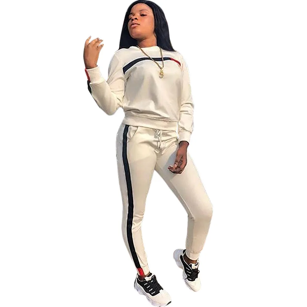 
2021 New Arrivals Fashion Women Casual O-Neck Long Sleeve Sweater Tops long Pants Front Side Striped 2 Piece Set Tracksuit 
