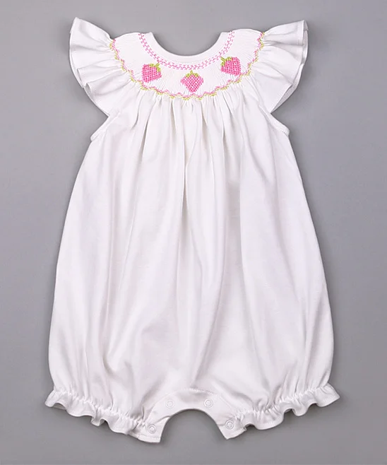 
children White Strawberries Smocked Pima Bubble Romper 