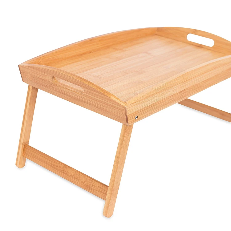 2021 Hot Bamboo Bed Tray Wooden Curved Sides Breakfast Serving Tray with Folding Legs