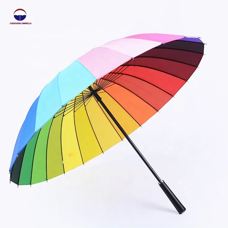 
Promotional wholesale strong 24ribs 25 inches long handle rainbow golf umbrella paraguas 