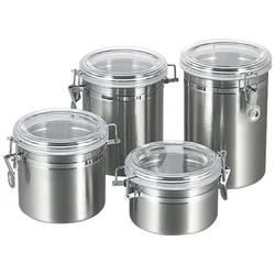4pcs Food Sealed Airtight Round Kitchen Stainless Steel Coffee Sugar Tea Bottles Seasoning Jar Food Storage Canister Jar