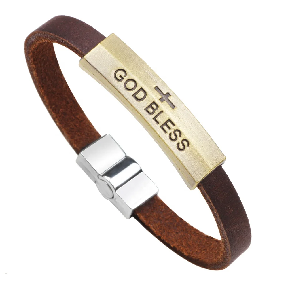 God Bless You Letter Leather Cross Bracelet with Custom Engraved Logo,Christian Jewelry Leather Bracelet
