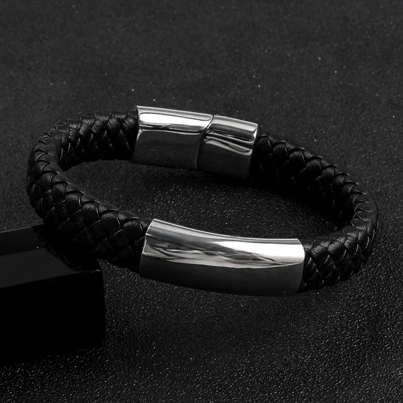 OUMI Classic Style  Braided Leather Bracelet Wristband With Stainless Steel Clasp For Womens&Mens