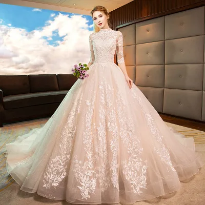
2019 New Half Sleeves Champagion Wedding Bridal Gowns French high-neck elegant lace decoration long-tail women wedding dress 