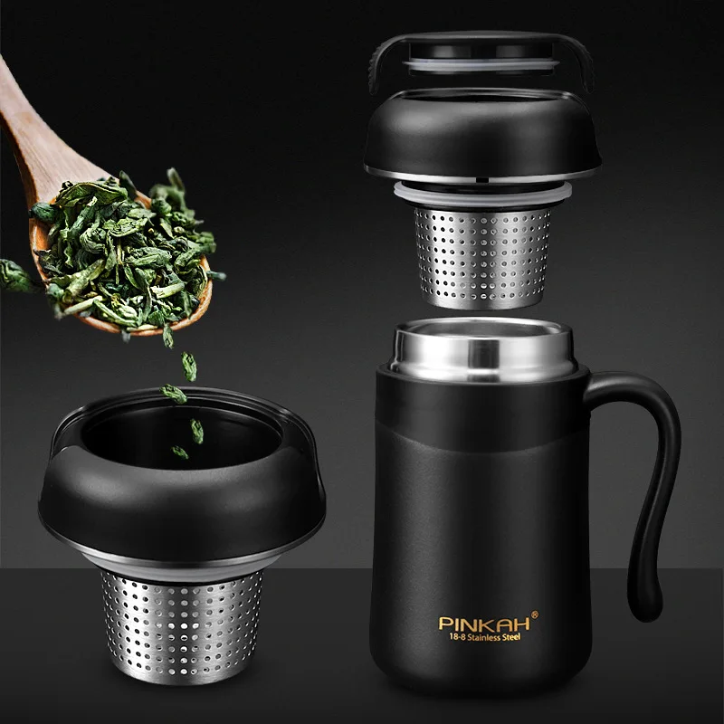 PINKAH new launched 380ml leakproof powder coated double wall insulated vacuum stainless steel mug with handle and tea filter