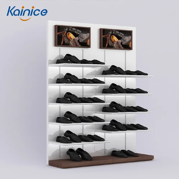 Kainan Wooden Single Side Designer Shoes Display Rack Commercia Sales Painting Shoe Store Display Racks Slipper Display Stand