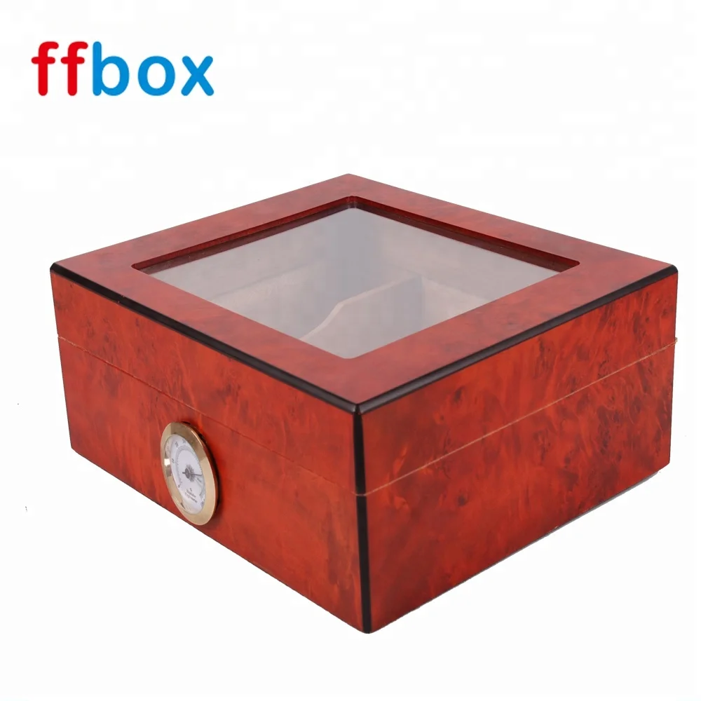 Handmade Luxury Custom Glass Top Design Storage Matte Cherry Red Packaging Wood Humidor Cigar Box