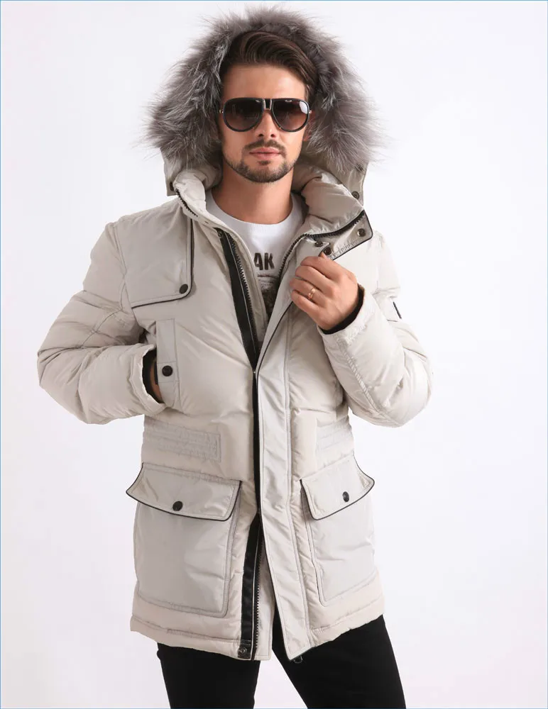 Winter Feather Down Filled Coat White Parka Fur Hooded for Men