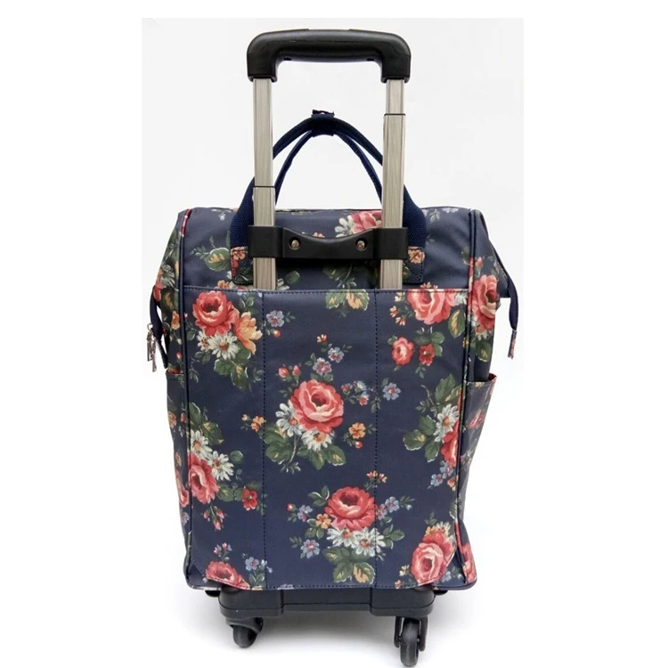 Large Capacity Flora Print Canvas Trolley Tote Bag Cabin Luggage On Wheel Rolling Travel Bag