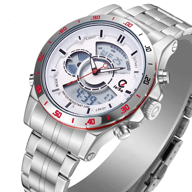 JeiSo Quartz Multifunctional Sports Alloy Watch Genuine Waterproof Dual Display Movement LCD White Steel Band
