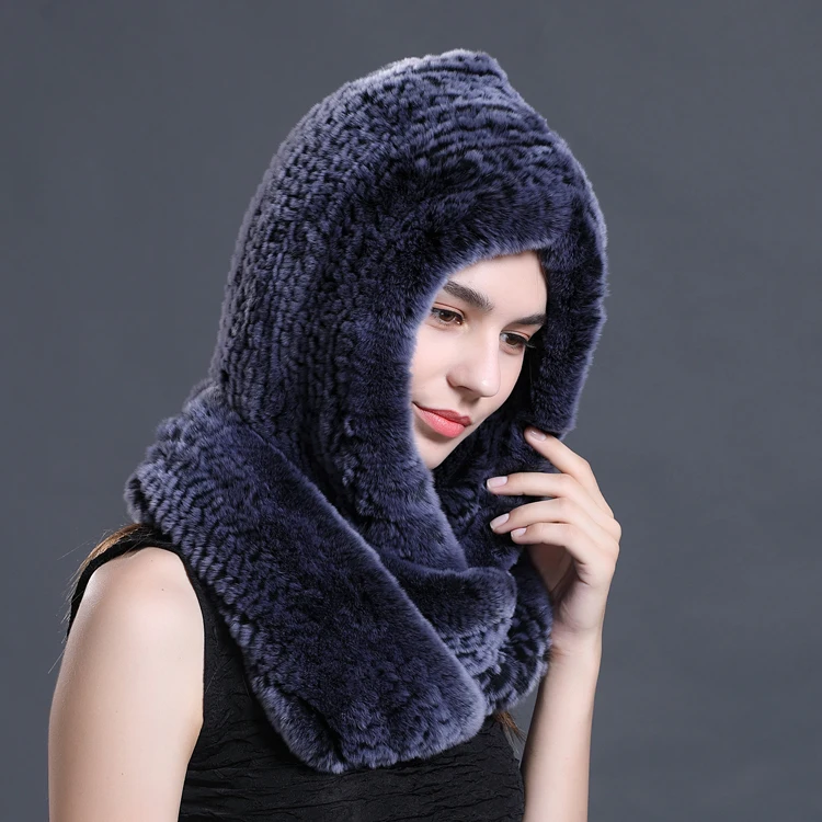 CX-C-142D 2021 New Style Rex Rabbit Fur Knitted Hooded Scarves