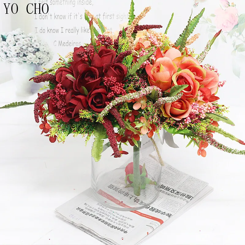 YO CHO Wholesale luxury home christmas table decoration centerpieces fake artificial decorative silk roses real touch flower