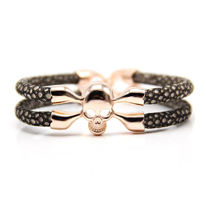 Wholesale Punk Cool Genuine Lovely Leather Skull Stingray Statement Bracelet African