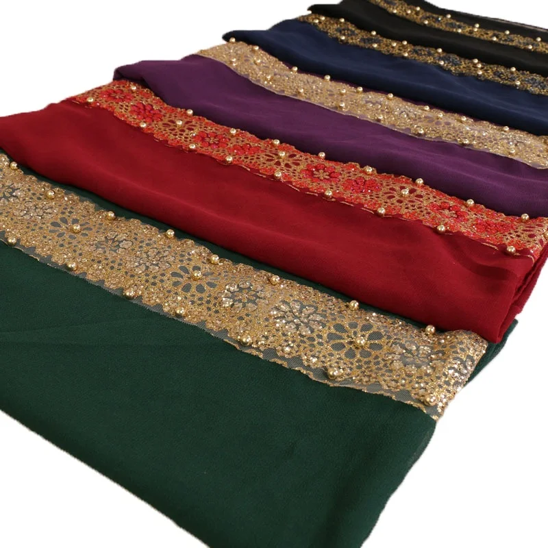 Hot Sale Muslim Ethnic Women Pearl Lace Chiffon Monochrome Bandana Scarf Hijab Shawl