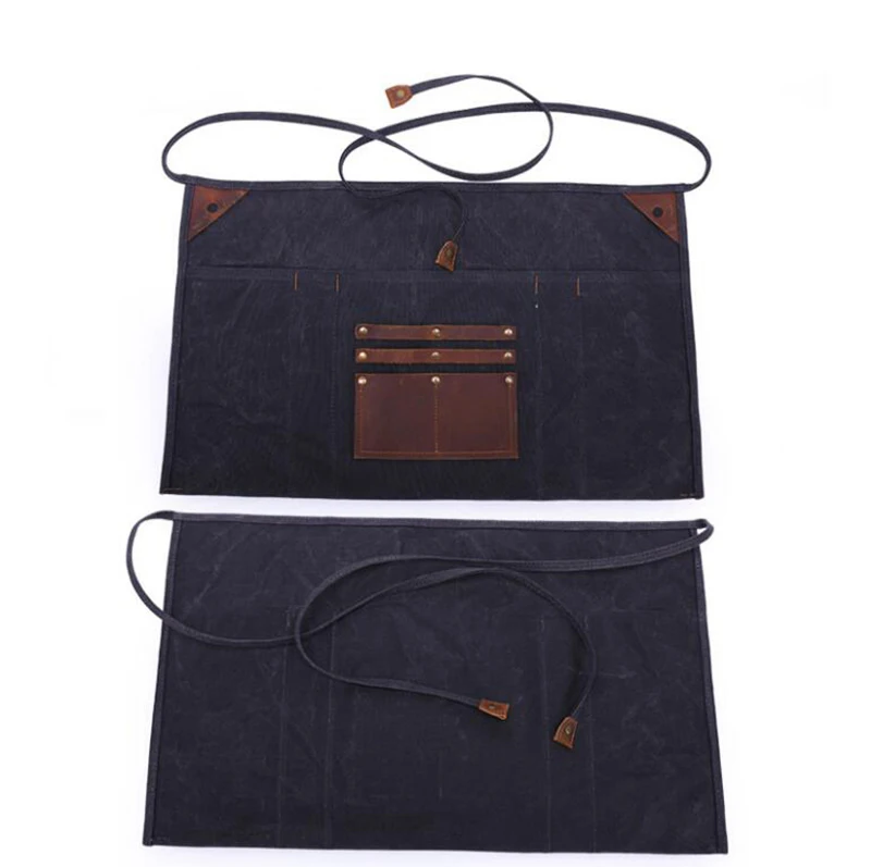 Dreamtop DTB348 waterproof waxed canvas leather apron for men wholesale half gardening apron with pockets