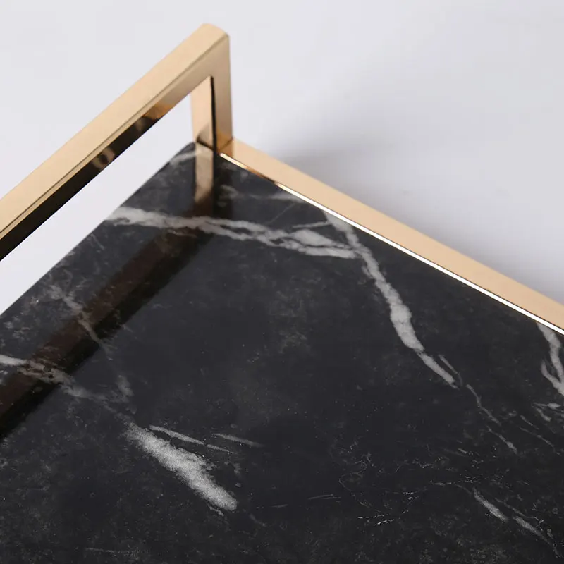 Chinoiseri marble tray gold handles tea food fruit wine glass serving tray