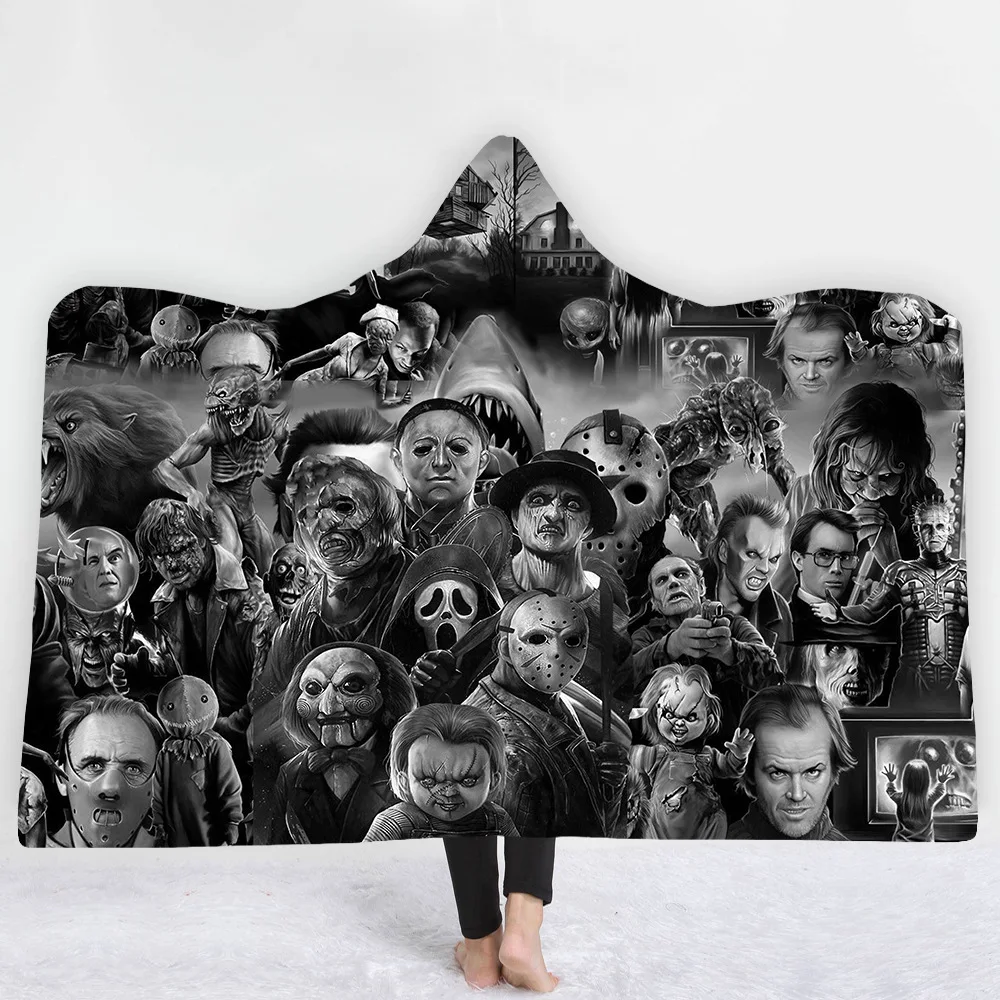 factory hot winter print adult kids print hooded blanket thick warm horror characters custom sherpa blanket
