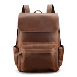 Men vintage crazy horse leather backpack Unisex cow leather 15 Laptop rucksack Thick real leather school bag