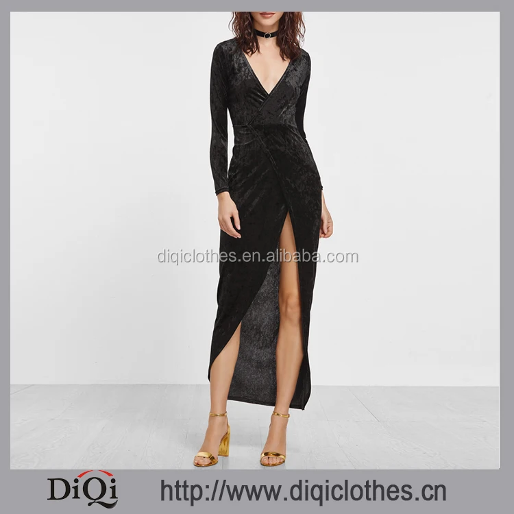 
2017 Chic factory price custom ladies fashion Black Deep V Neck Split Front Velvet Wrap Dress 