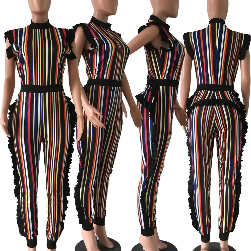 Sexy club bodycon  rompers womens jumpsuit ruffle skinny striped print slim casual overalls jumpsuits combinaison femme Y11849
