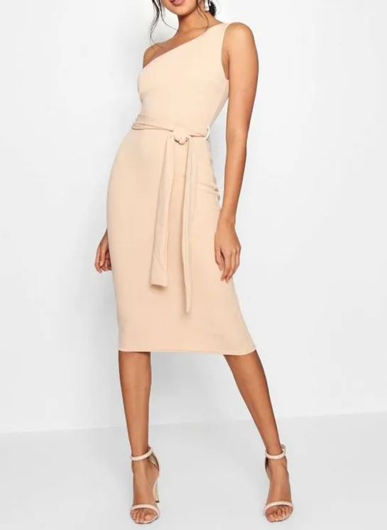 Summer Beach One Shoulder Rib Fabric Belted Midi Dress