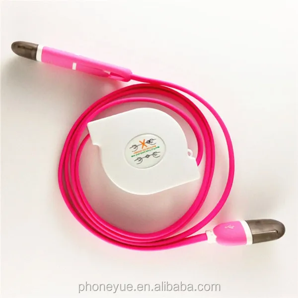 2016 Retractable Flat PVC 2 in 1 USB Charger Cable for iPhone and for Samsung