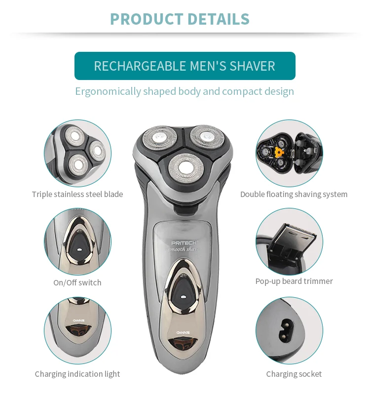 PRITECH Men Triple  Stainless Steel Blades Electric Rechargeable Shaver Blades