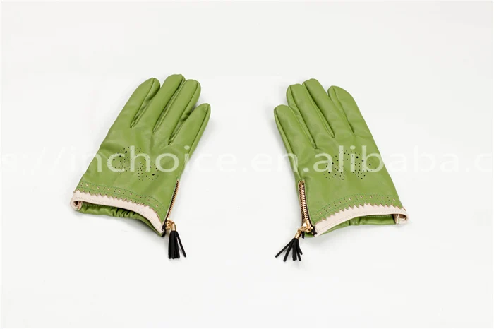 girl spring green short gloves hollow out back hand leather gloves with wonderful cambered cuff