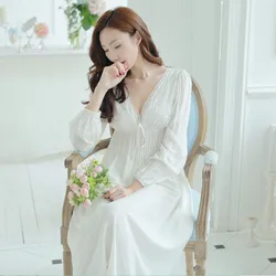 Quiki Autumn Vintage Nightgowns V-neck Ladies Dresses Princess White Sexy Sleepwear Solid Lace Comfortable Nightdress