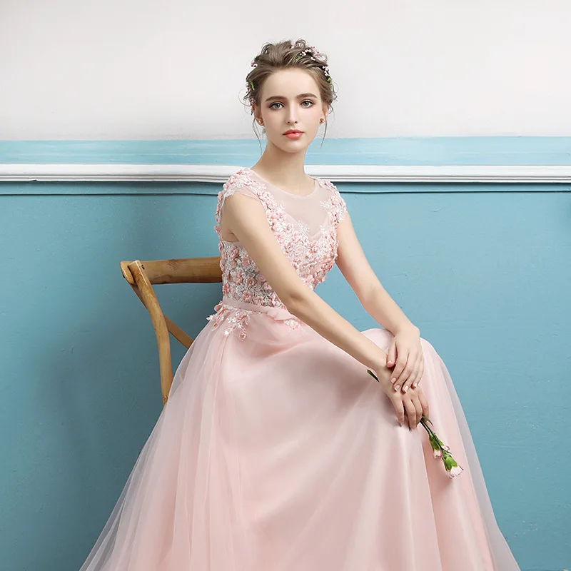 
Sleeveless Tank Dress Floor Length Sweep Train A-line Chiffon Prom Dress Appliqued pink evening dresses 2018 