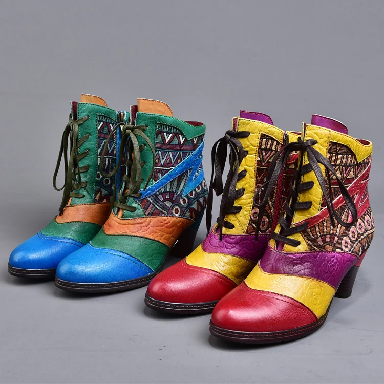 Women Retro Ankle Boot Cowhide Leather Handmade High Block Heels Lady Totem Boots Booties
