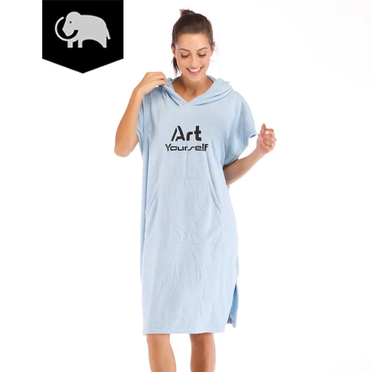 2021 Hot selling 100% Microfibre Terry Fabric Adult lovers Hooded Beach Change Robe Poncho Surf Towel With Pocket