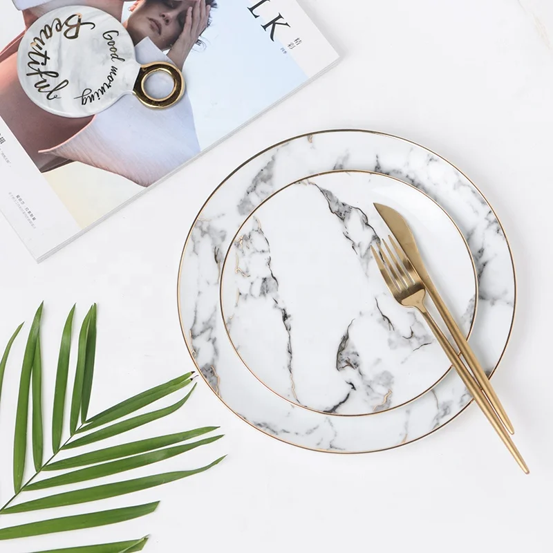 Unique dignity round dinner plate set western premium plain ceramic marble plates for food