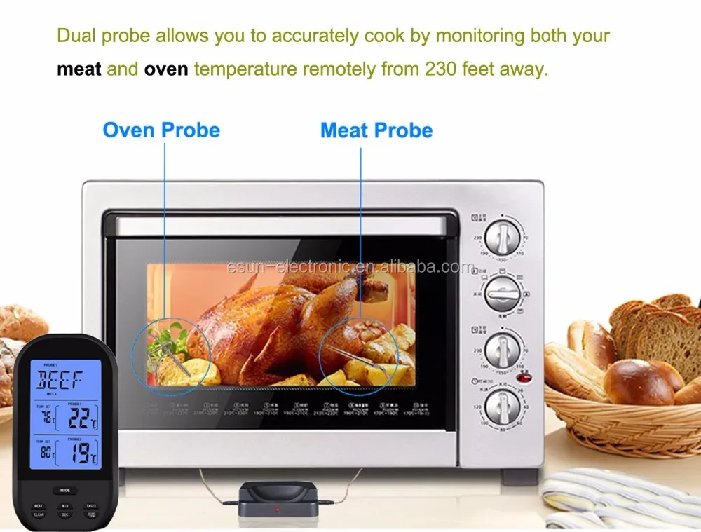 Digital Wireless Grill Oven BBQ Meat Thermometer with 2 Channel 2 Waterproof Probes