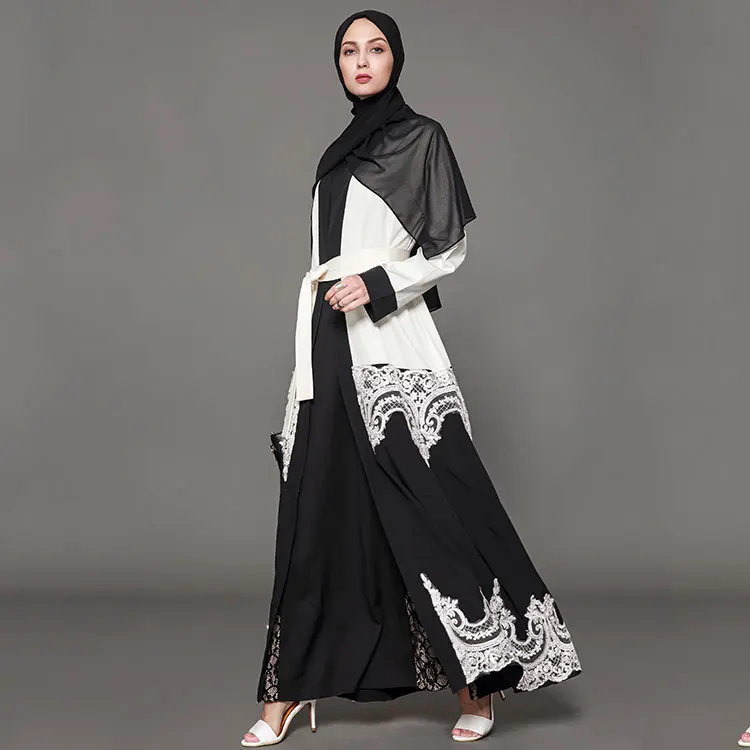 Hot sale China factory stylish design front open lace muslim wear abaya coat dubai