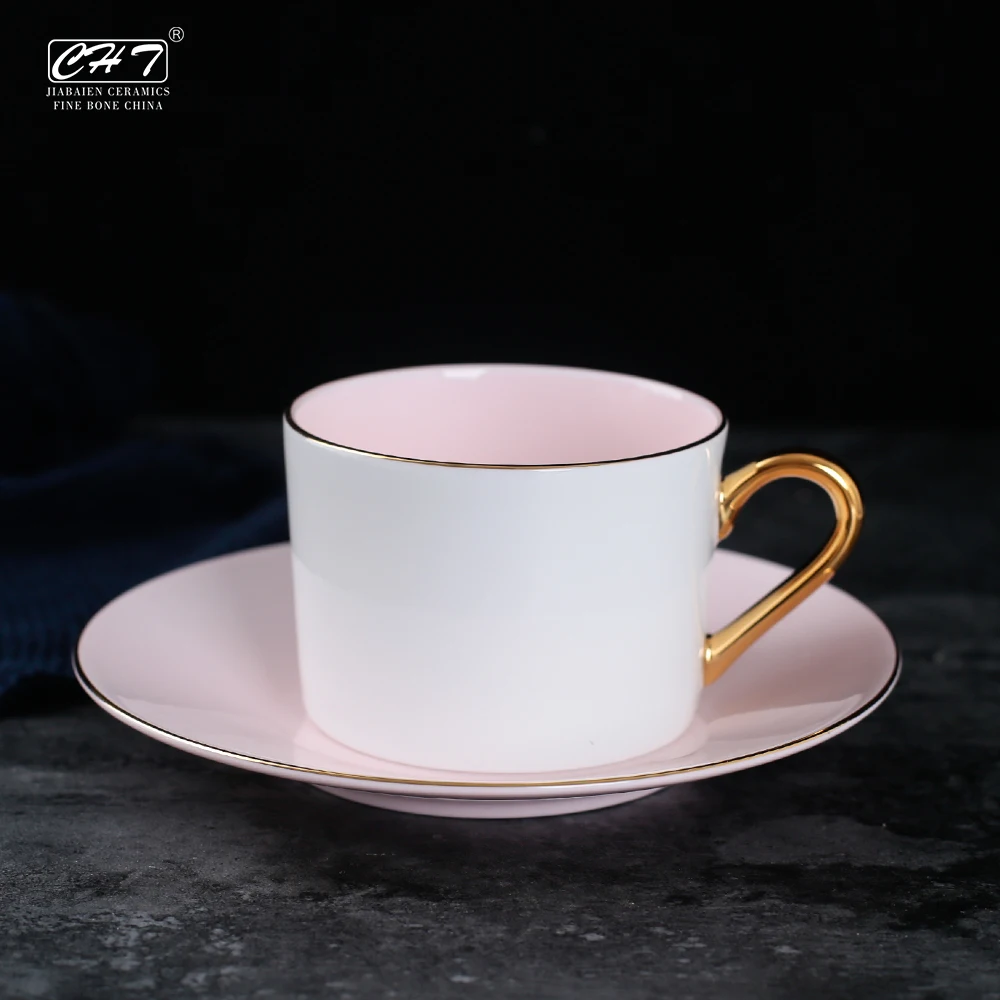 Customize Wholesale Ceramic Tea Cup Set Golden Rim Handle Design Fine Bone Pink Coffee Cup and Saucer
